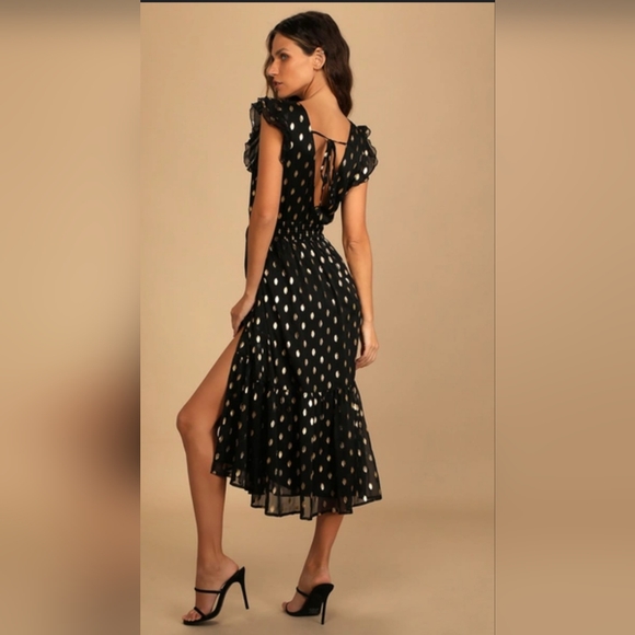 Lulus Sheer Metallic Polka Dot Ruffle Smocked Tie Cocktail Wedding Guest Dress - Picture 6 of 11